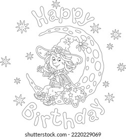 Happy birthday card with a funny little witch sitting on a shining crescent moon and waving in greeting on a mysterious starry night, black and white outline vector cartoon