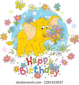 Happy birthday card with a funny little elephant holding a beautiful bouquet of colorful flowers and merry butterflies flying around, vector cartoon illustration isolated on a white background