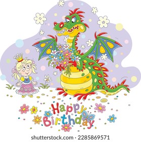 Happy birthday card with a funny little princess and her friend fire-breathing dragon with a bouquet of beautiful flowers from a royal garden, vector cartoon illustration