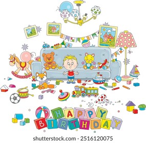 Happy birthday card with a funny little boy among toys and things scattered in terrible disorder in his room after fun and noisy games with friends at his holiday party, vector cartoon illustration