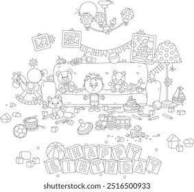 Happy birthday card with a funny little boy among toys and things scattered in terrible disorder in his room after fun and noisy games with friends at his holiday party, black and white vector cartoon