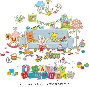 Happy birthday card with a funny little piglet among toys and things scattered in terrible disorder in his room after fun and noisy games with friends at its holiday party, vector cartoon illustration