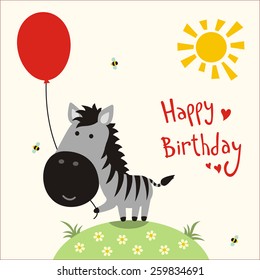 Happy birthday card. Funny little zebra with balloon, handwritten text.