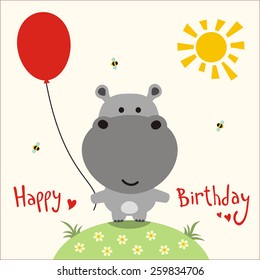 Happy birthday card. Funny little hippo with balloon, handwritten text.