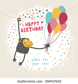 Happy birthday card with funny monkey with balloon