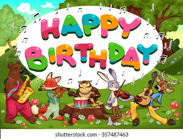 Happy Birthday card with funny musician animals. Vector cartoon illustration