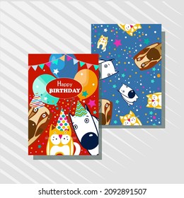 happy birthday card with funny pets dog and kitty color balloons