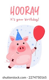 Happy birthday. Card with funny pig with balloon. Vector illustration