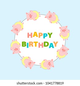 Happy birthday card with funny piggy. Piggy swimming . Vector illustration.