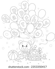 Happy birthday card with a funny toy teddy bear, holiday balloons, a fancy cake, a striped ball and sweets, black and white outline vector cartoon illustration for a coloring book