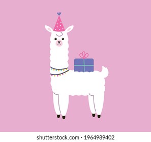 Happy birthday card. Funny white lama in a party hat with a gift