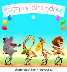 Happy Birthday card with funny wild animals on unicycles
