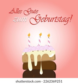 Happy birthday card in German (Glückwünsche zum Geburtstag) and meringue cake  Vector illustration