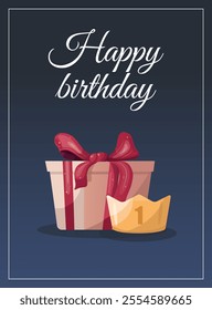 Happy birthday card with gift box and golden crown illustration