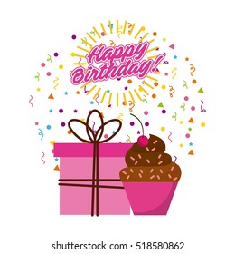 happy birthday card with gift box and cupcake icon over white background. vector illustration