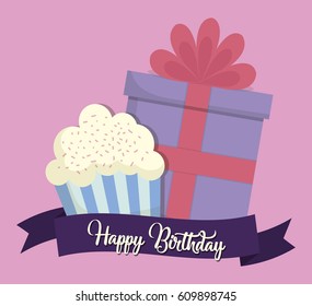 happy birthday card with gift box and cupcake icon. colorful design. vector illustration