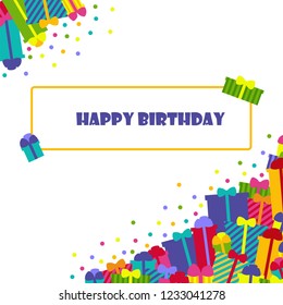 Happy birthday card with gift boxes. colorful composition