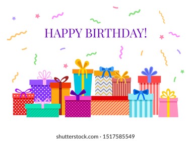 Happy birthday card with gift boxes. Celebratory party greeting poster with colorful confetti, ribbon bows, flat vector banner