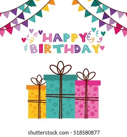 happy birthday card with gift boxes and decorative pennats over white background. vector illustration