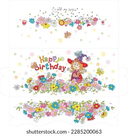 Happy birthday card and a gift money envelope with a cute little fairy and merry butterflies flying around a pretty colorful flowerbed in a summer garden, vector cartoon illustration