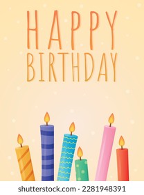 Happy birthday card with gift multicolored lit candles. Vector cartoon holiday banner.