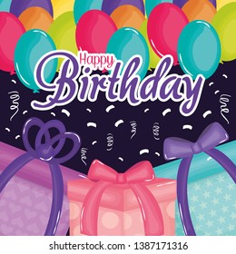 happy birthday card with gifts and balloons helium