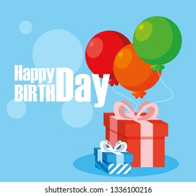 happy birthday card with gifts boxes and balloons helium