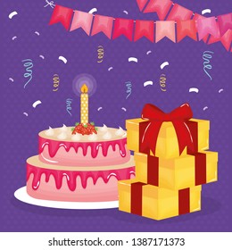 happy birthday card with gifts and cake