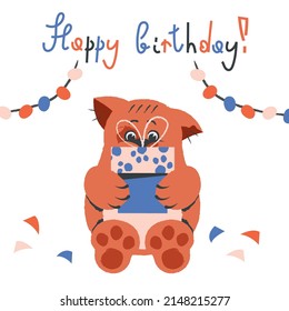 Happy birthday card. Ginger cute happy cat congratulations. Orange Funny kitty sitting with present box. Vector cartoon flat illustration for card, humorous poster, cover, kids design