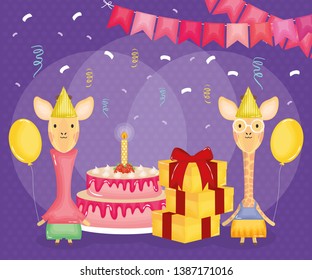 happy birthday card with giraffes couple and cake