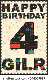 Happy birthday card. Happy birthday girl 4 years. Gift card. Vector illustration