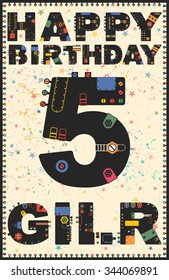 Happy birthday card. Happy birthday girl 5 years. Gift card. Vector illustration