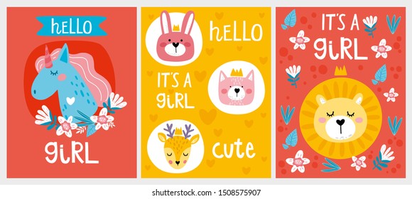Happy birthday card. Its a girl. Baby shower card. Set of  baby shower posters. Cards with cute animals and hand drawn lettering. baby shower, bridal, birthday. Vector
