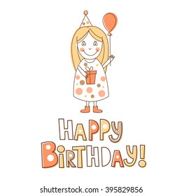 Happy Birthday card. Girl with balloon and gift box