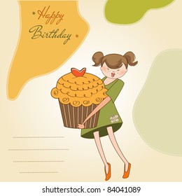 Happy Birthday card with girl and cupcake