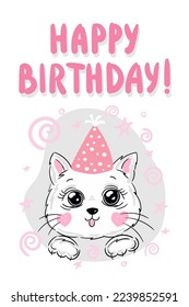 Tarjeta de cumpleaños feliz para la chica. Imagen de un gato con tarjeta de saludo rosa, gatito e inscripción. Ilustración vectorial.