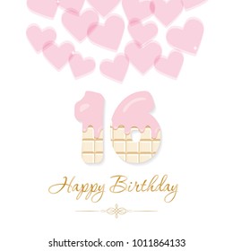 Happy Birthday card for girls. Sweet 16 chocolate numbers. Pastel pink and gold. Vector