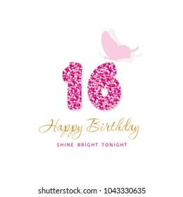 Happy Birthday card for girls. Sweet 16 glitter numbers. Pink and gold. Vector