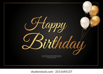 Happy Birthday card with gold balloons on black background. Vector illustration.
