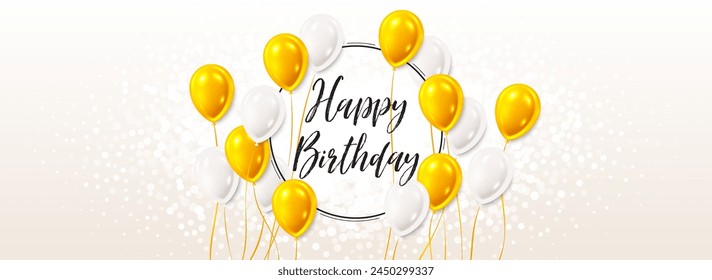 Happy Birthday card with golden balloons. Anniversary banner template. Frame for party event with white balloons. Birthday background with frame border. Anniversary card. Vector illustration