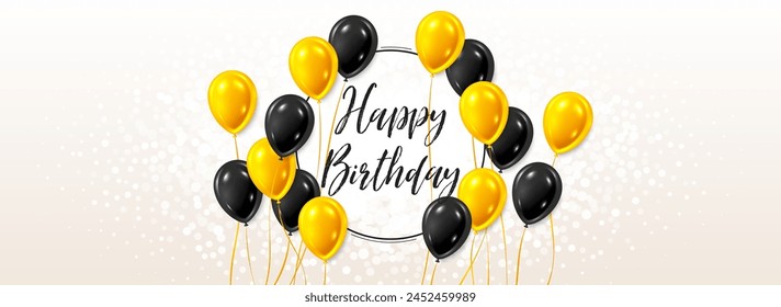 Happy Birthday card with golden balloons. Anniversary banner template. Frame for party event with black balloons. Birthday background with frame border. Anniversary card. Vector illustration