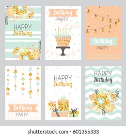 Happy birthday card with golden sparkle, cake, flowers, gift boxes and garlands . Greeting cards in vintage style, pastel colors. Vector illustration.