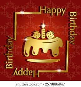 happy birthday card with golden text and cake