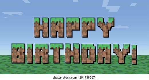 happy birthday card with grass and sky. pixel style