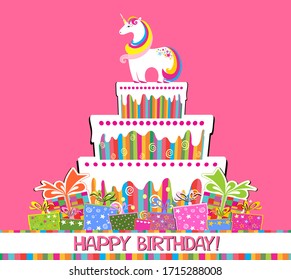 Happy Birthday card! Greeting card. Celebration pink background with white unicorn, Birthday cake, colorful gift box, gift box and place for your text. Greeting, invitation card or flyer. Vector 