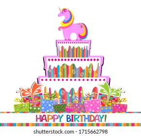 Happy Birthday card! Greeting card. Celebration white background with white pink unicorn, Birthday cake, colorful gift box, gift box and place for your text. Greeting, invitation card or flyer. Vector