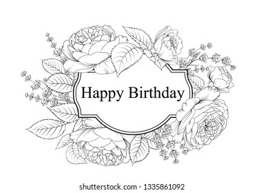 Happy birthday card. Greeting card with rose and lavender. Spring flowers on floral card over the white background. Vector illustration.