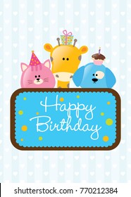 Happy Birthday Card, greeting, wishing, e-card for kid. Can be scaled to 5x7 inches postcard. Vector illustration