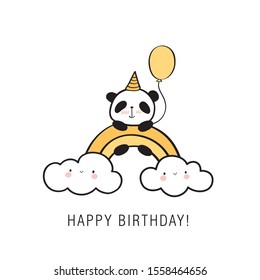 Happy Birthday card. Hand drawn panda with a balloon on a rainbow and clouds. Vector illustration.