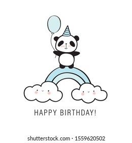 Happy Birthday card. Hand drawn panda with a balloon on a rainbow and clouds. Vector illustration.